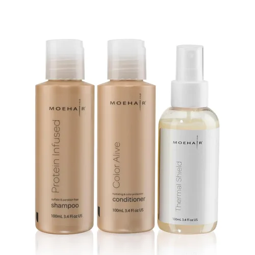 Vista 8 de MOEHAIR Juego de trío de viaje: champú con infusión de proteínas, acondicionador Color Alive y acondicionador sin enjuague, fortalecimiento e