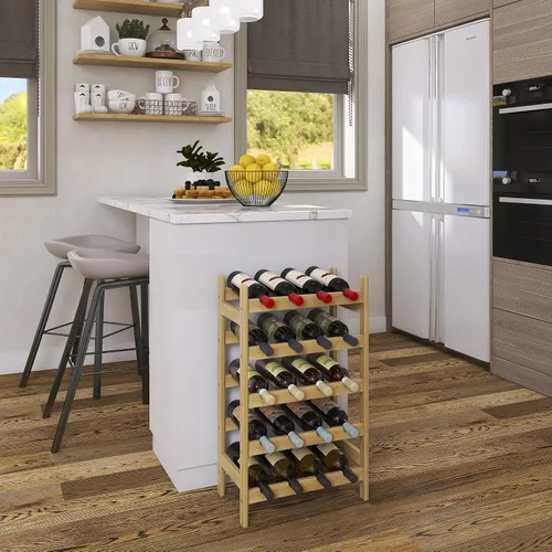 Vista 2 de SMIBUY Estante de bambú para vino, soporte para 20 botellas, estantes de almacenamiento independientes de 5 niveles para cocina, despensa, bodega
