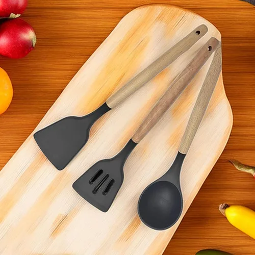 Vista 3 de Juego de 3 espátulas grandes de silicona ranuradas, cuchara con mango de madera resistente al calor, utensilios de cocina antiadherentes, espátula