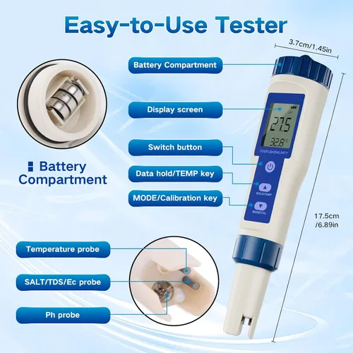 Vista 5 de ZuanXin - Medidor de pH 5 en 1 con función de PH/salinidad/TDS/EC/temperatura, pantalla de retroiluminación para probador TDS para agua potable