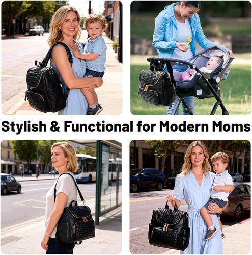 Vista 6 de Minsong Mochila para pañales, mochila pequeña para pañales para mamá con cambiador, elegantes bolsas de pañales de viaje de cuero vegano (negro)