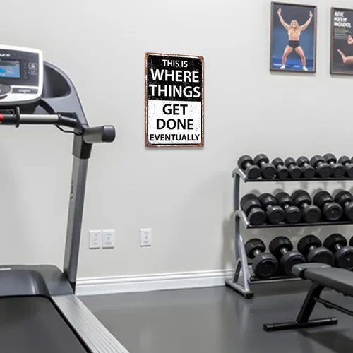 Vista 8 de Letreros de metal divertidos para decoración de cueva de hombre, con texto en inglés "This is Where Things Get Done Eventually Sign Shop Accessories