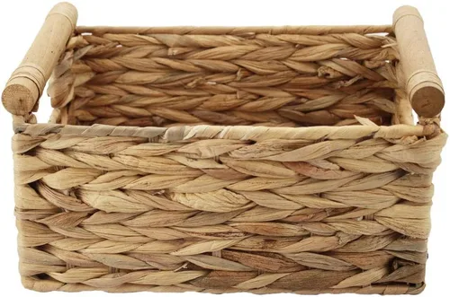 Vista 7 de Canasta de almacenamiento fabricada con jacinto de agua y asas de madera, para manualidades y artesanías. (RectánguloA-Mediano)