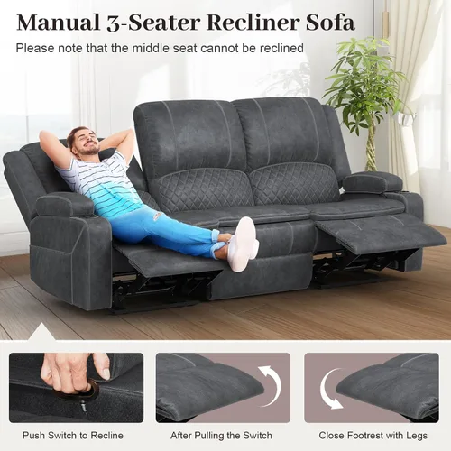 Vista 8 de Yolsali Sofá reclinable de 3 plazas, sofá reclinable manual con asiento central multifuncional, sofá reclinable para sala de estar con espacio
