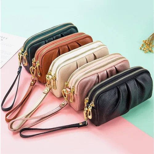 Vista 6 de Billeteras de pulsera para mujer, de piel auténtica, monederos fruncidos para mujer, cartera de mano