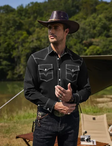Vista 3 de COOFANDY Camisa vaquera de manga larga para hombre, de algodón, con botones, estilo casual, con bolsillos 01-Negro
