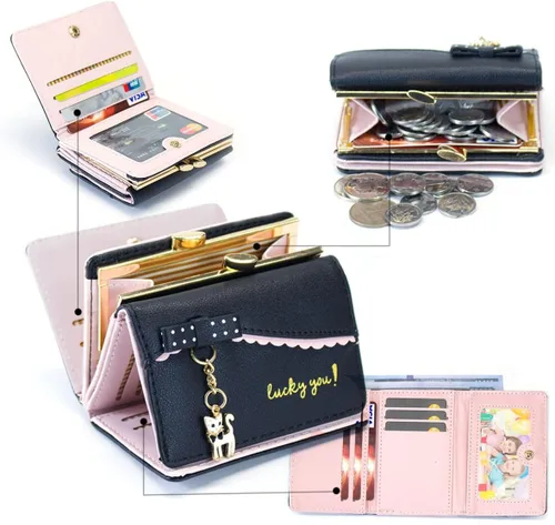 Vista 3 de SUMGOGO Cartera pequeña para mujer, lindo gato, colgante, tarjetero organizador para niñas, bolsillo frontal, monedero de cuero, A-Negro, Minimalista