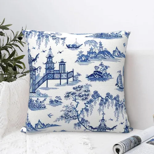 Vista 5 de Chinoiserie - Funda de almohada de lino azul de 16 x 16 pulgadas, fundas de almohada de lino para sofá, automóvil, sala de estar, dormitorio