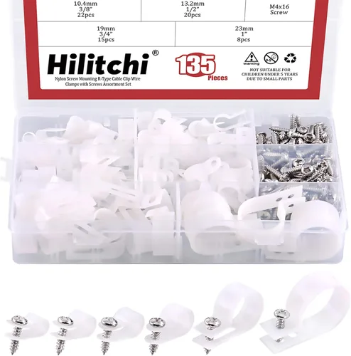 Vista 8 de Hilitchi 132 piezas de 6 tamaños de abrazadera de cable de plástico blanco y negro tipo R para cable de montaje de tornillo, kit surtido de clips