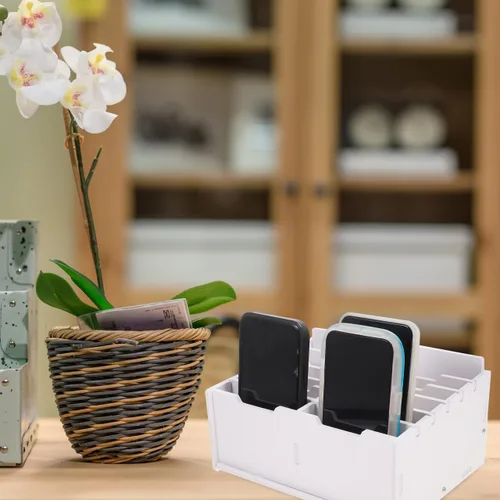 Vista 7 de Angoily Organizador de cajones de escritorio, bandeja organizadora de madera de bambú, divisor de teléfono celular de escritorio y contenedores