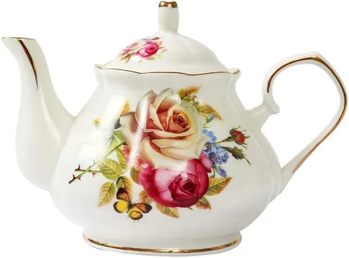 Vista 3 de Juego de té de cerámica europeo de 9 piezas, juego de café de servicio de té de porcelana de hueso con soporte de metal, para boda y regalo, pintura
