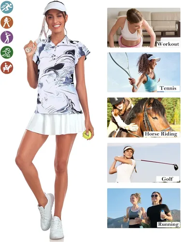Vista 5 de Tanst Sky Polo de golf para mujer, con cremallera de 14, volantes, manga corta, secado rápido, para entrenamiento