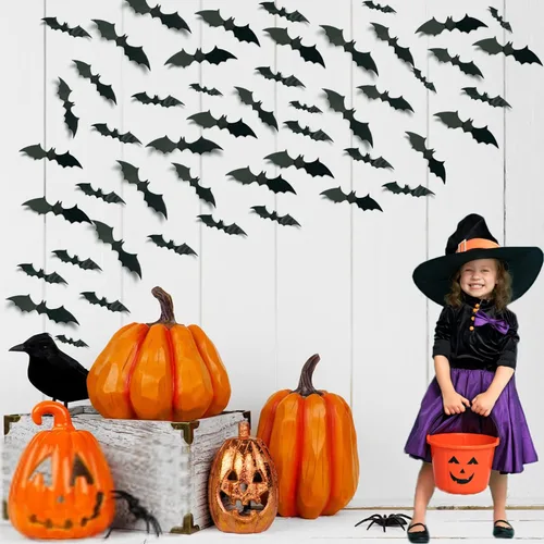 Vista 5 de 80 piezas de decoración de pared de murciélagos de Halloween, calcomanías de murciélago 3D de PVC, negro, estilo gótico, impermeable, uso