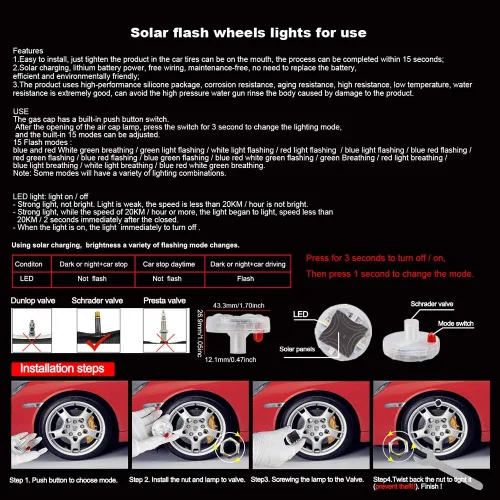 Vista 7 de Luces para neumáticos de rueda de automóvil, 4 piezas LED solares para boquilla de rueda de automóvil, luz de tapa de válvula de aire con sensores
