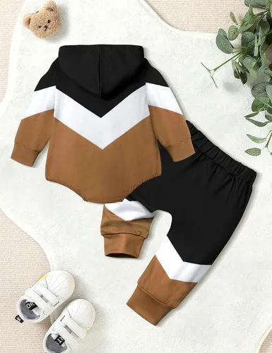 Vista 5 de Ropa para bebé niño, bloque de color, sudadera con capucha de gran tamaño, mameluco, pantalones largos, conjunto de trajes de otoño e invierno
