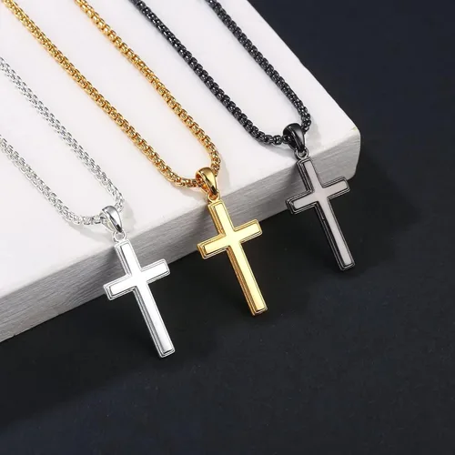 Vista 6 de Ursteel Collar de cruz de plata de ley 925 con colgante de cruz para hombre, collar de cruz chapado en oro de 18 quilates, cadena de caja negra