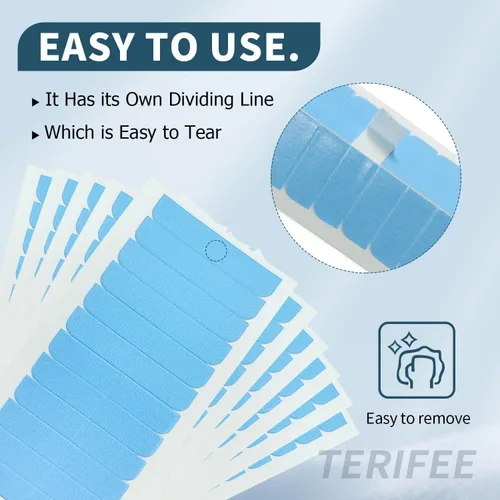 Vista 6 de 120 cintas de extensión de cabello de doble cara, cinta azul de repuesto de cabello humano de 0.31 x 1.57 pulgadas para extensiones de cabello