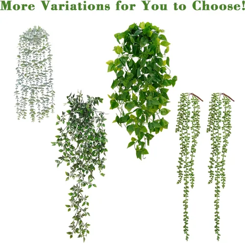 Vista 9 de BLEUM CADE Plantas Colgantes Falsas, Juego de 3 Plantas Artificiales en Maceta Colgante de Color Verde Salvia, Planta Colgante de Eucalipto