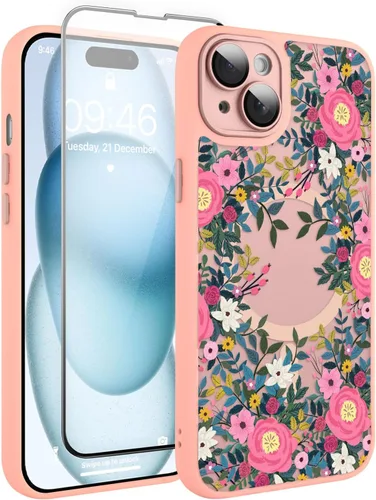 Vista 139 de Magnético para iPhone 13 con protector de pantalla [Compatible con MagSafe] Diseño de patrón floral de flores bonitas, funda delgada a prueba