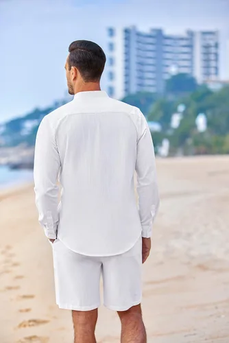 Vista 3 de COOFANDY Conjuntos de lino para hombre, 2 piezas, camisa de manga larga y pantalones cortos casuales con cordón en la cintura, trajes de verano