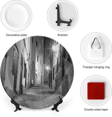 Vista 3 de Platos de cerámica, platos de cerámica decorativos en blanco y negro, callejón europeo oscuro por la noche, calle vacía, 6 pulgadas, para comedor