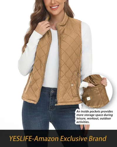 Vista 2 de YESLIFE Chaleco acolchado para mujer 2024 con un bolsillo interior, chaleco acolchado ligero con cuello alto para mujer