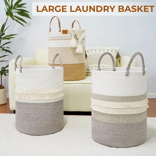 Vista 8 de Cesta grande de 79 L para ropa sucia, cesta tejida de algodón con asas, cesta de almacenamiento para ropa sucia en el baño, cesta decorativa