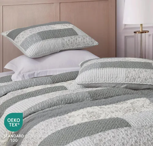Vista 6 de Chezmoi Collection Caleb - Juego de edredón de 2 piezas con diseño floral a cuadros en gris apagado, blanco y marfil, rectangular, prelavado