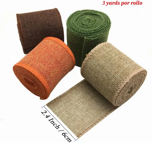 Vista 2 de Rollos de cinta de arpillera, cinta de arpillera natural, naranja, marrón, verde oliva, yute, para decoración de manualidades de Navidad, boda