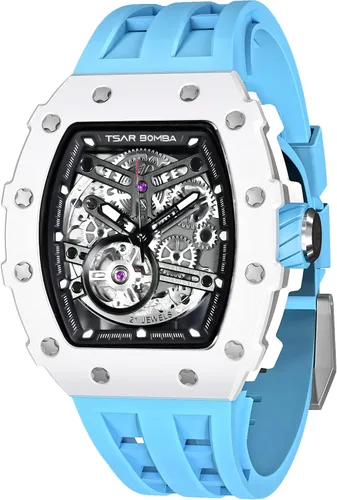 Vista 8 de Tsar Bomba Men's Automatic Watch Tonneau Luxury Skeleton Watch for Men Mechanical 50M Waterproof Wristwatch Gift for Men 08tc-whi