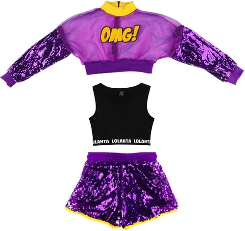 Vista 2 de LOLANTA Disfraces de baile de lentejuelas para niñas, pantalones cortos de malla con camiseta sin mangas, trajes de baile hip hop para niños