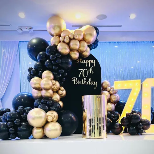 Vista 6 de YMSZ Globos negros y dorados, 67 globos metálicos dorados y negros de 12 pulgadas para cumpleaños, jubilación, graduación, decoración de fiesta