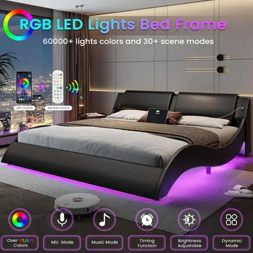 Vista 4 de DICTAC Base de cama California King con cabecero y luces LED, moderna base de cama LED Cali King con puertos USB y tipo C, de piel sintética