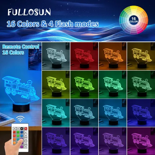 Vista 2 de FULLOSUN - Luz nocturna de tren, lámpara de ilusión 3D para niños, 16 colores que cambian con función de atenuación y control remoto, regalos