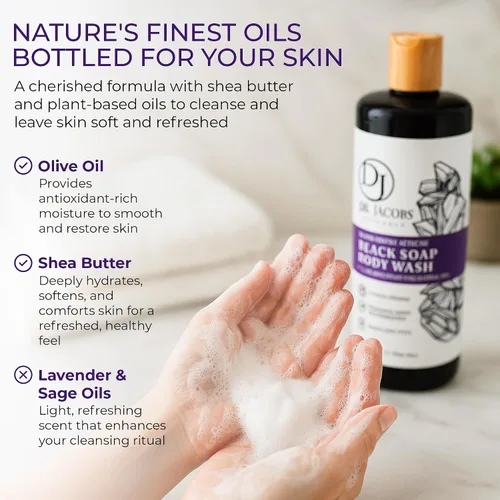 Vista 3 de Dr Jacobs Naturals Auténtico jabón líquido negro africano con aroma a lavanda y salvia, lavado facial todo en uno, lavado corporal para piel