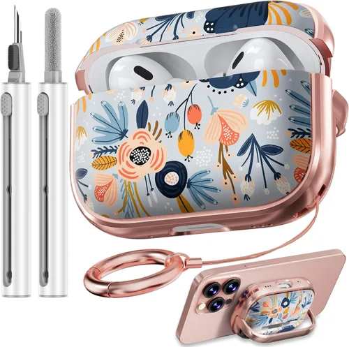 Vista 25 de Inesore Funda con bloqueo de seguridad para AirPods 4 2024, bonita funda floral para AirPod de 4ª generación para mujeres con kit limpiador