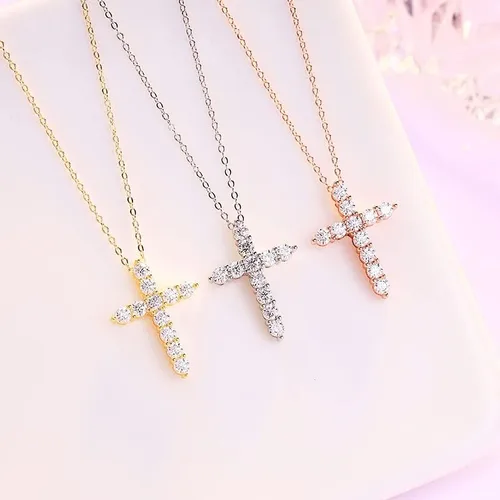 Vista 5 de Collar de moissanita con cruz de oro de 14 quilates de 1.1 quilates para mujer, delicado collar con colgante de cruz con moissanita, 18 pulgadas