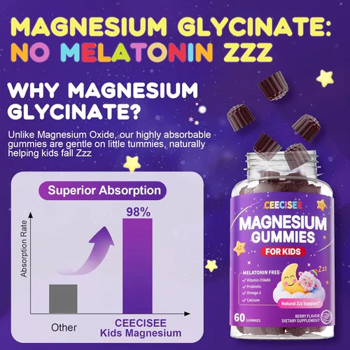 Vista 5 de Suplemento de Gomitas de Magnesio para Niños 4+: Suplemento Orgánico Masticable con Citrato de Magnesio, Vitamina B6, D3, Zinc, L-Teanina - Fuerza