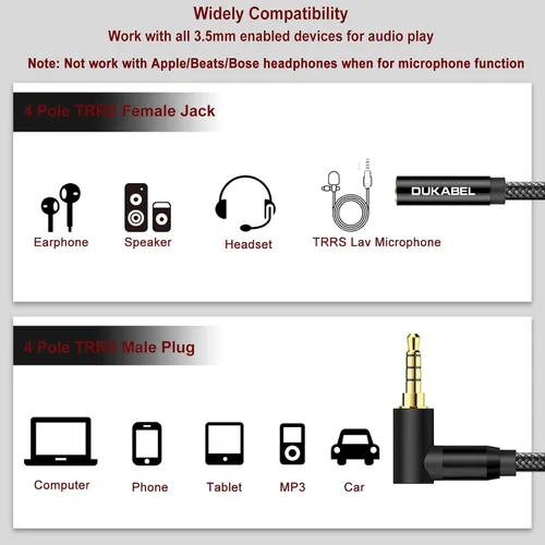 Vista 2 de DUKABEL Cables de extensión para auriculares, 1.2 metros (4 pies) con ángulo recto de 3.5mm TRRS para auriculares con micrófono y extensión