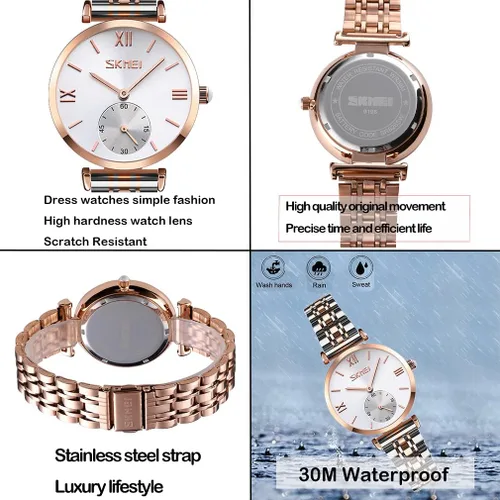 Vista 4 de SKMEI Watches for Women Ladies Female Stainless Dress Luxury Business Classic Fashion Analog Quartz Waterproof Simple Day Date Wife Girls Gifts Gold