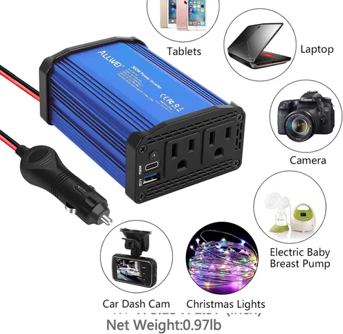 Vista 5 de ALLWEI Inversor de coche de 300 W con puerto USB 3.0 USB-C de 65 W - CC 12 V a 110 V (rojo y azul)