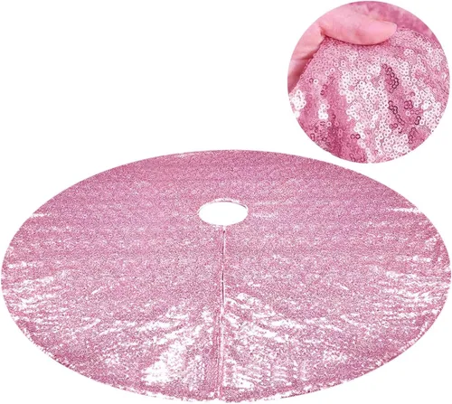 Vista 4 de yuboo Falda de árbol de Navidad rosa, 30 pulgadas, con lentejuelas pequeñas con purpurina rosa, adornos de árbol de San Valentín para lápiz, árbol