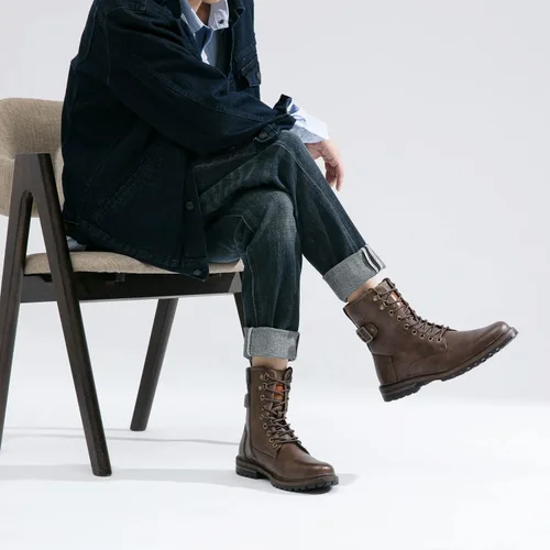 Vista 3 de Jousen Botas para hombres Vestido casual Retro con cordones Botas de motocicleta Marrón