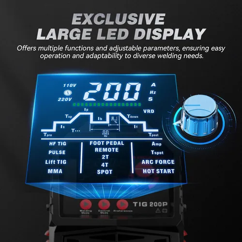 Vista 2 de ARCCAPTAIN DC 5 en 1 Soldador TIG con pulso, 200Amp DC 5 en 1 HF/Lift/Pulse/Spot TIG & Stick, 110V/220v Pantalla digital LED de doble voltaje