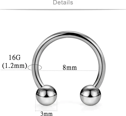 Vista 3 de SCERRING 2 – 8 anillos de nariz de titanio 16G G23 de herradura para tabique, hélix, daith, cartílago, tragus, pezón, ceja, cuerpo, piercing
