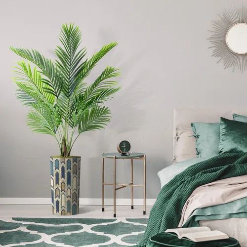 Vista 5 de Árbol artificial en macetero moderno con patrón poligonal, palmera tropical areca artificial de seda para decoración del hogar en interiores