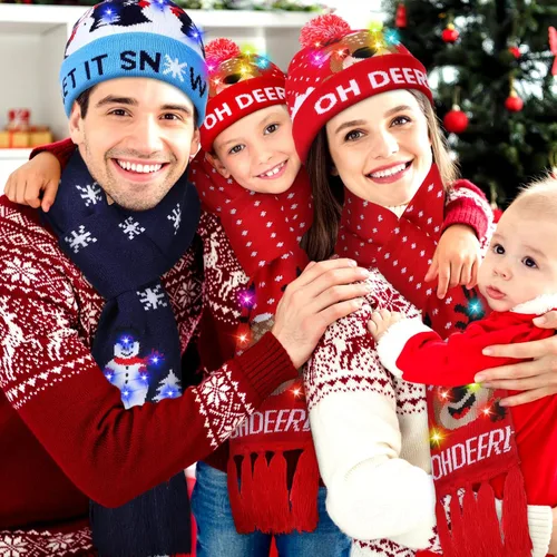 Vista 6 de Juego de 4 sombreros de Navidad con luz LED y bufanda iluminada, gorro de punto de Navidad, bufanda LED