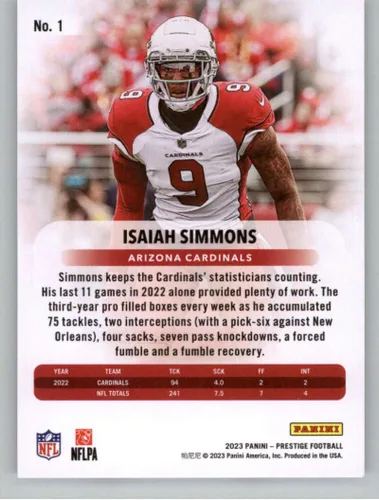 Vista 2 de 2023 Prestige Football #1 Isaiah Simmons Arizona Cardinals Official Panini NFL Trading Card (Stock Photo Shown, Near Mint to Mint Condition)