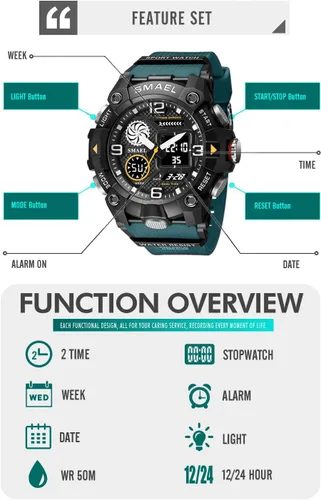 Vista 3 de KXAITO Relojes deportivos para hombre, impermeables, militares, con fecha, tácticas, LED, alarma facial, cronómetro, 8055, 8055 Verde Oscuro, Militar