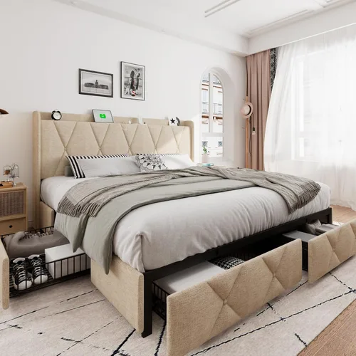 Vista 19 de iPormis - Marco de cama de tamaño matrimonial con 4 cajones de almacenamiento, base de cama tapizada con estación de carga, cabecera de Beige